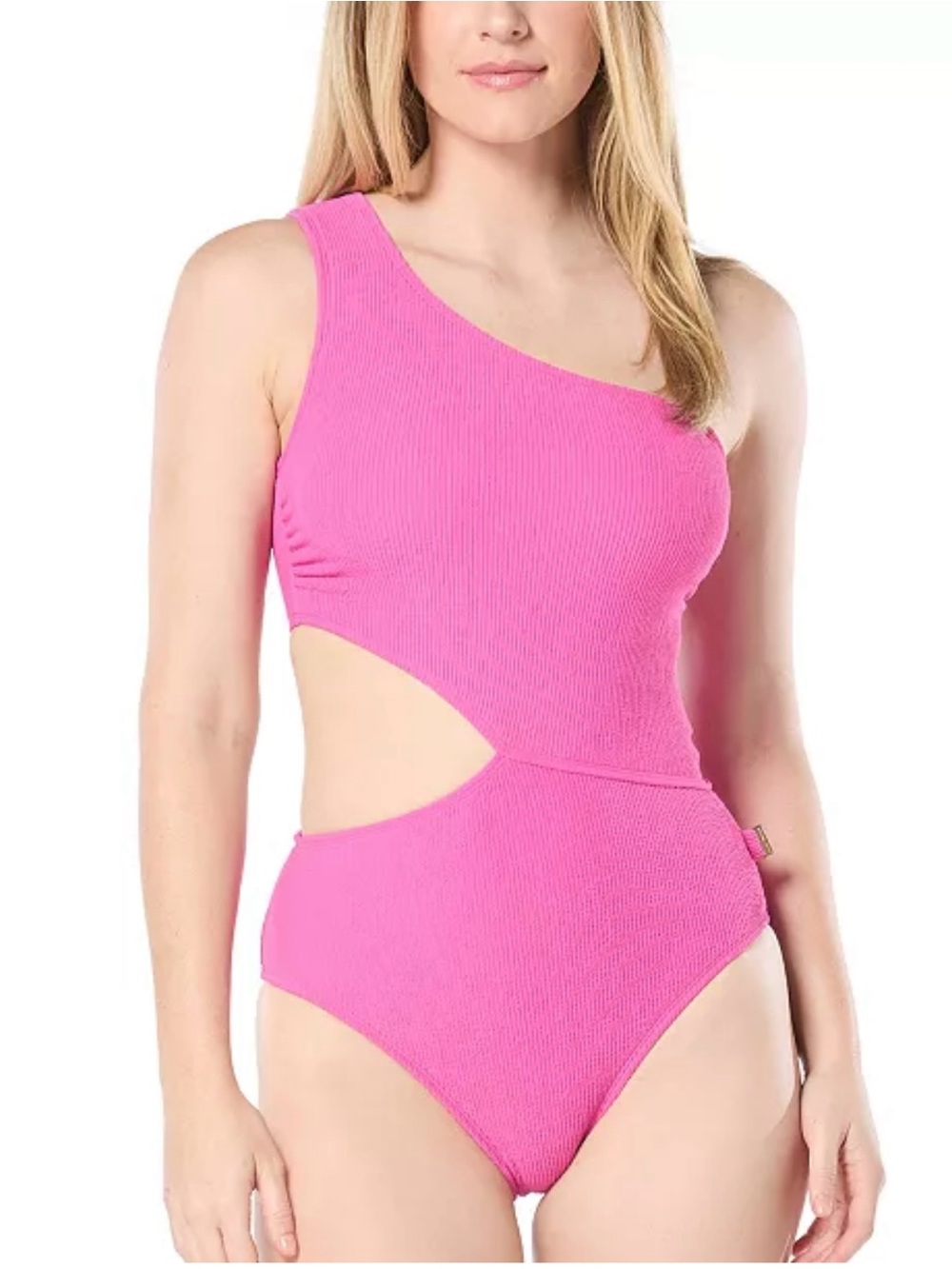 Michael Kors Ribbed One-Shoulder Side-Cutout One-Piece Swimsuit, Pink, Size 12